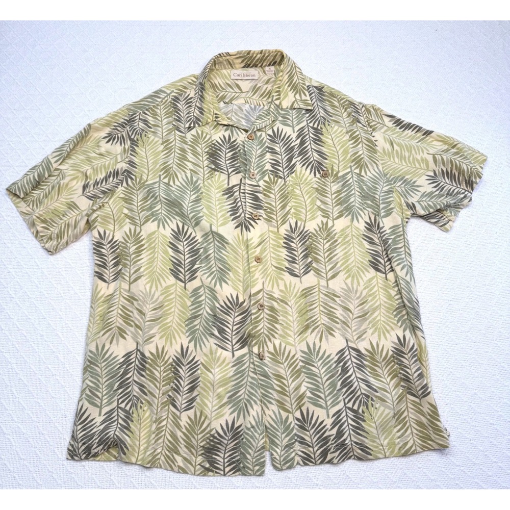 Caribbean Mens XL Aloha Shirt Green Palm Leaf Print Rayon Button Down Tropical
